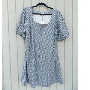 A New Day Dress Gingham Plaid Puff Sleeve Square Neck Women Size 17 Black White
